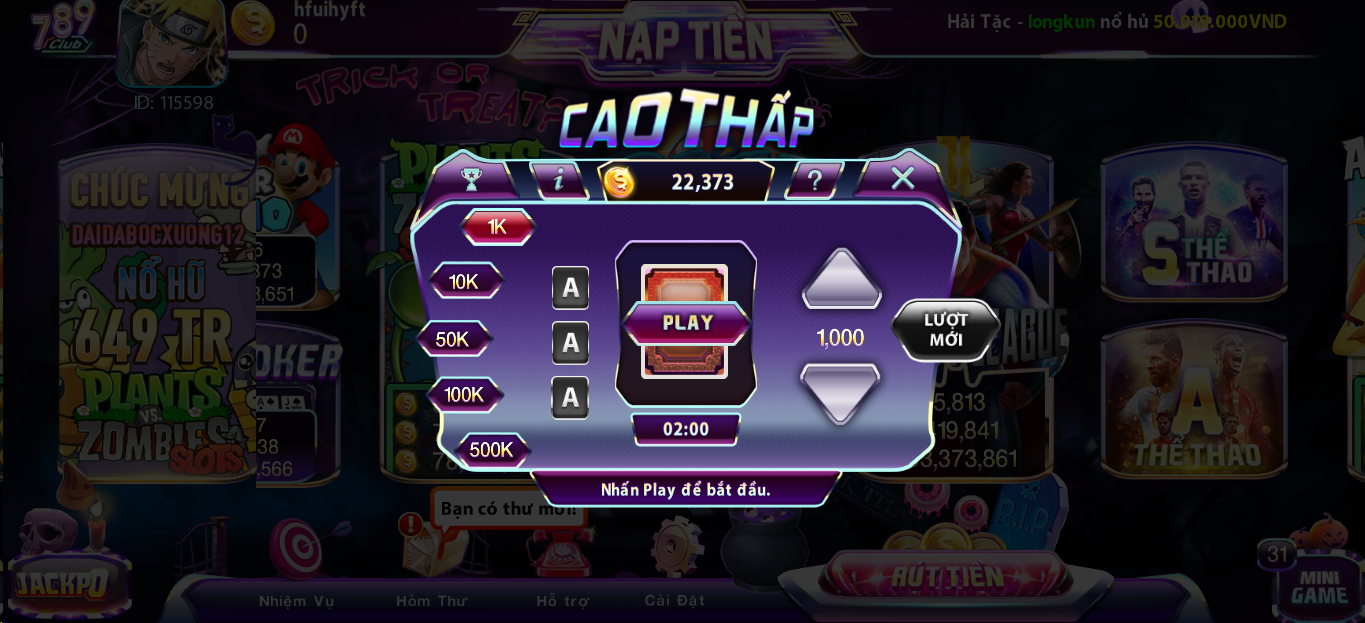 Giao diện cực đẹp của tựa game Cao thấp khi tai 789 club